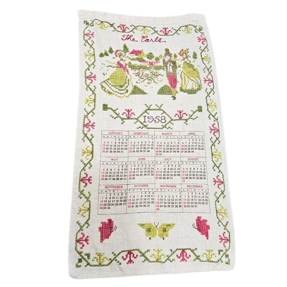 Stevens Calendar Towel 1958 The Earls Vintage Embroidered Wall‎ Hanging Decor